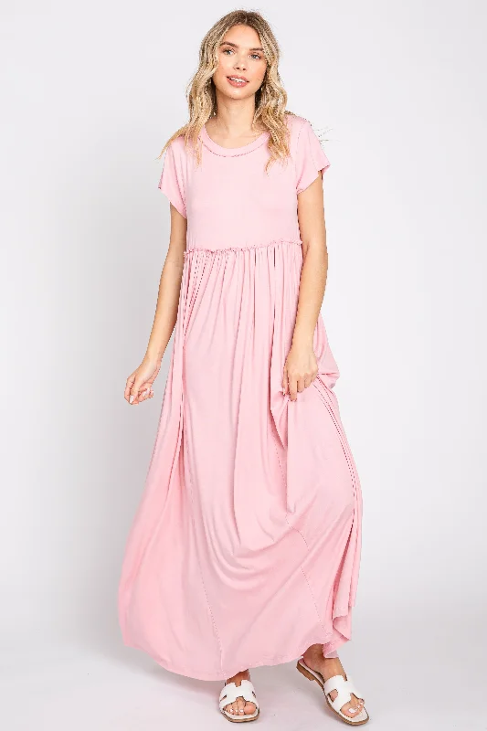 Light Pink Short Sleeve Pocketed Maxi Dress Festival maxi dresses