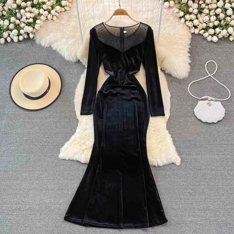 Long sleeve slim slim velvet fishtail buttock dress  3753 Flattering maxi dresses for all body types