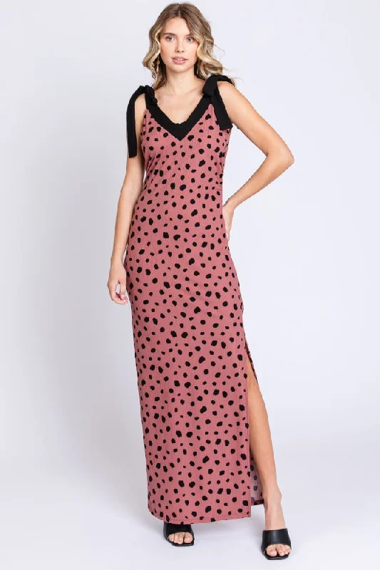 Mauve Ribbed Polka Dot Shoulder Tie Maxi Dress Designer maxi dresses