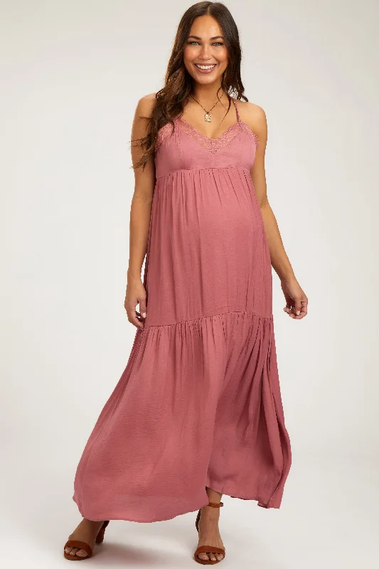 Mauve Sleeveless Lace Tiered Maternity Maxi Dress Satin maxi dresses