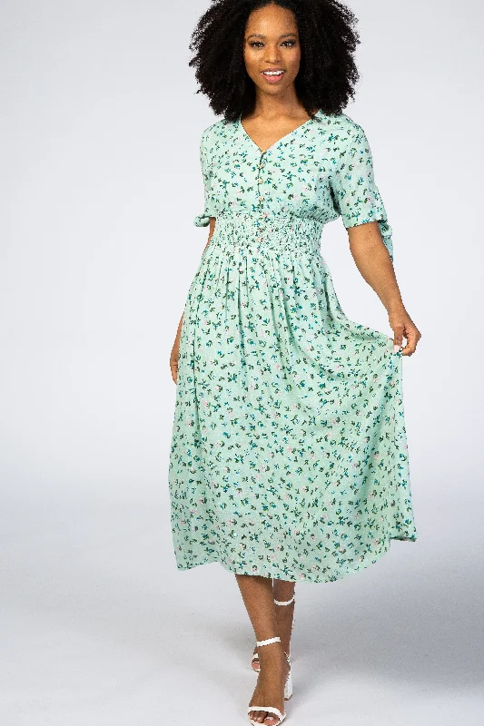 Mint Green Floral Tie Sleeve Midi Dress Birthday midi dresses