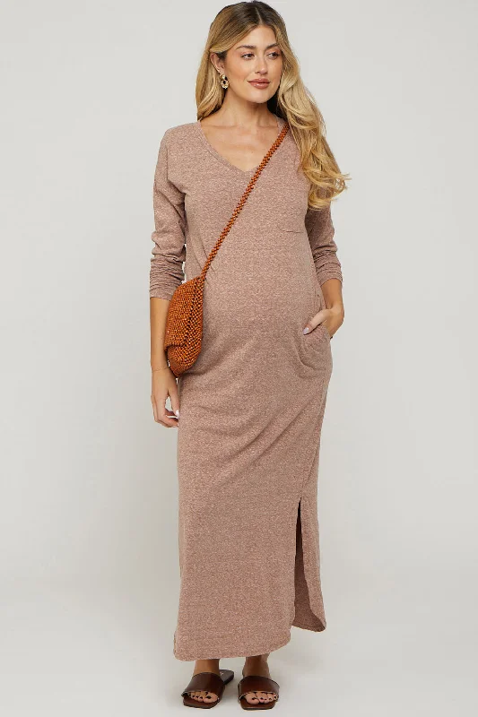 Mocha Heathered Pocketed Long Sleeve Maternity Maxi Dress Fall maxi dresses