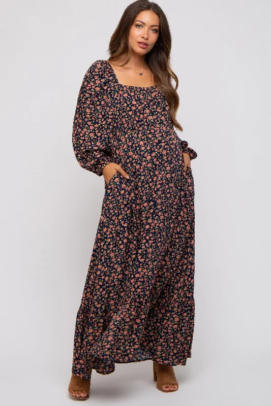 Navy Blue Floral Square Neck Ruffle Maternity Maxi Dress Denim maxi dresses