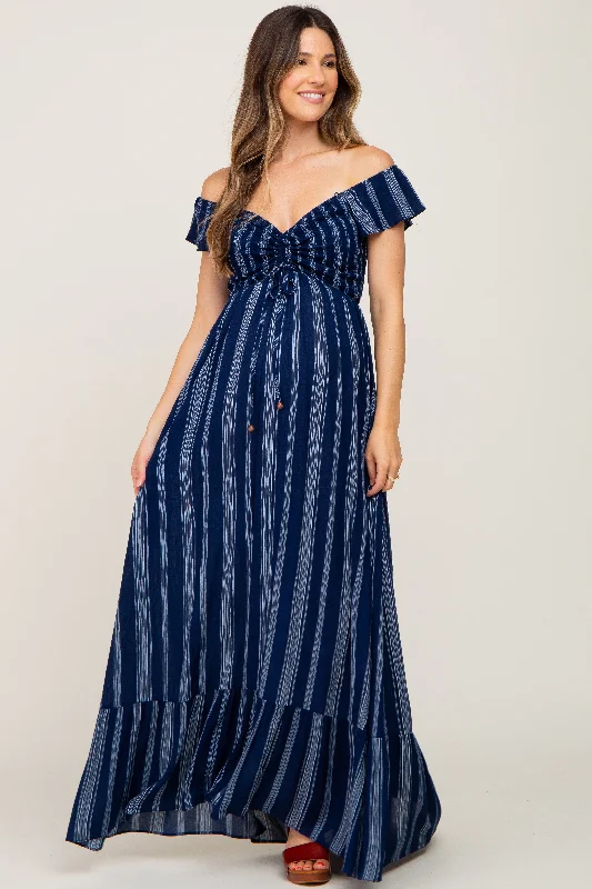 Navy Blue Striped Off Shoulder Front Tie Maternity Maxi Dress Best maxi dresses for plus size