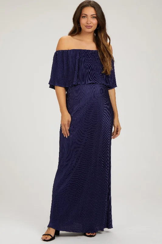 Navy Pleated Ruffle Off Shoulder Maternity Maxi Dress Street style maxi dresses