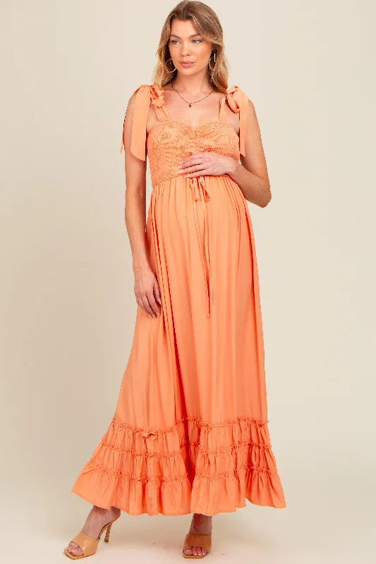 Orange Sweetheart Neck Smocked Shoulder Tie Maternity Maxi Dress Prom maxi dresses