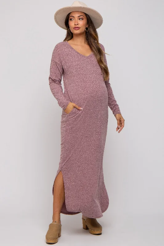 Plum Heathered Pocketed Long Sleeve Maternity Maxi Dress Clubbing maxi dresses