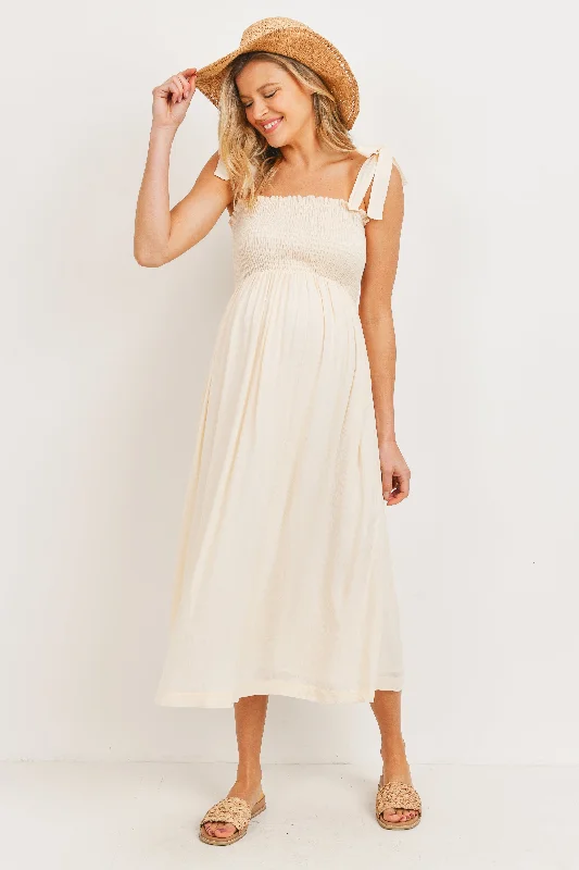 Smocked Tie Strap Maternity Midi Dress Discounted midi dresses