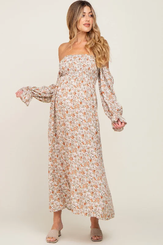 Taupe Floral Off Shoulder Long Sleeve Maternity Maxi Dress ASOS maxi dresses