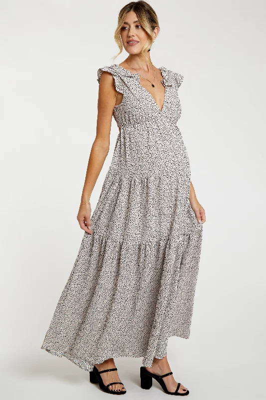 Taupe Printed Tiered Cutout Back Maternity Maxi Dress A-line maxi dresses