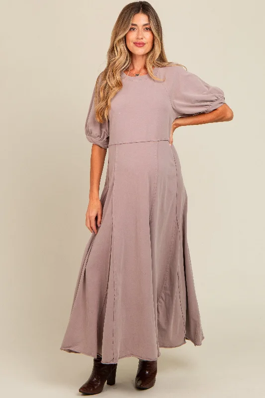 Taupe Vintage Wash Puff Sleeve Maternity Maxi Dress Cocktail maxi dresses