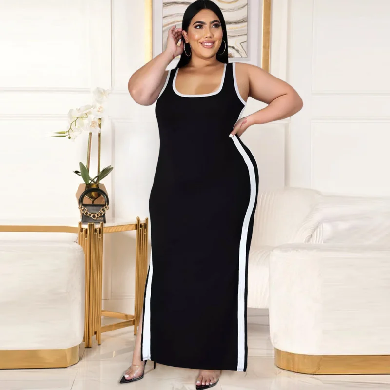 Women Casual Summer Plus Size Color Contrast Side-Slit Stripe Maxi Dress Cotton maxi dresses