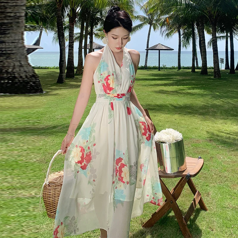 Women Fashion Elegant Vacation Floral Printed Halter Neck Backless Sleeveless Defined Waist Maxi Dress Tiered maxi dresses