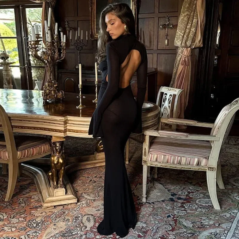 Women Sexy High Neck Long Sleeve Backless Bodycon Maxi Dress Sexy little black maxi dresses