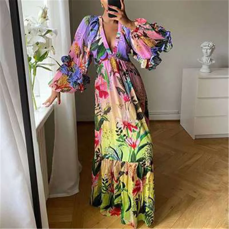 Ramadan /Eid Women Sweet Plus Size Party Boho Dating V Neck Gradient Color Floral Printed Ruffle Maxi Dress Silk maxi dresses