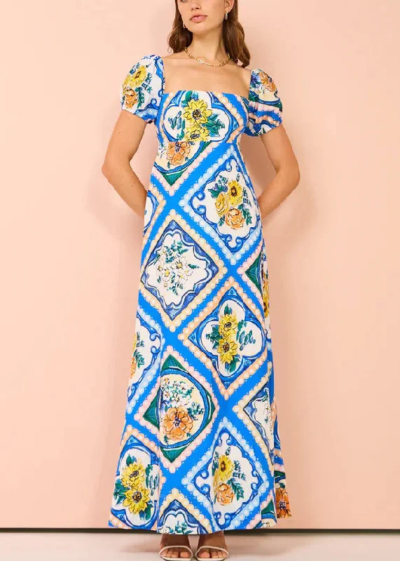 Art Blue Square Collar Print Linen Long Dresses Summer FF082 Hot new arrivals in floral dresses