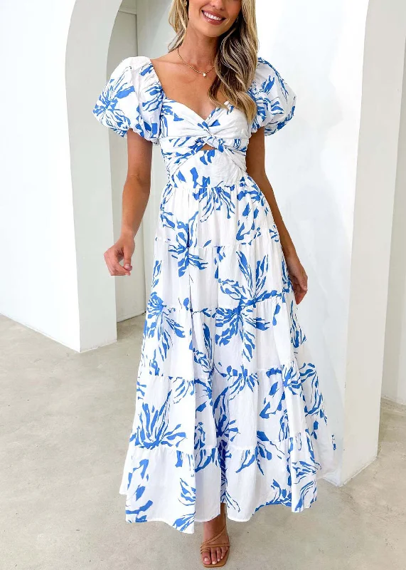 Bohemian Blue V Neck Print Cotton Dress Puff Sleeve FF073 Fashion-forward floral dresses