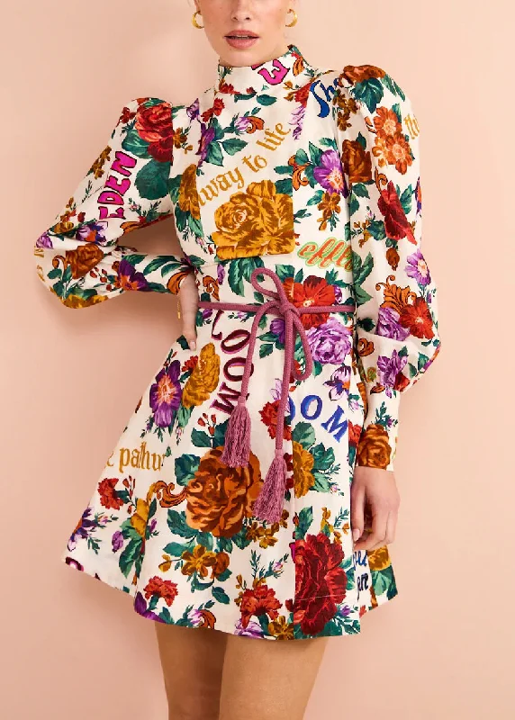 Bohemian Multi Print Tie Waist Cotton Mid Dress Long Sleeve FF071 Cute floral print summer dresses