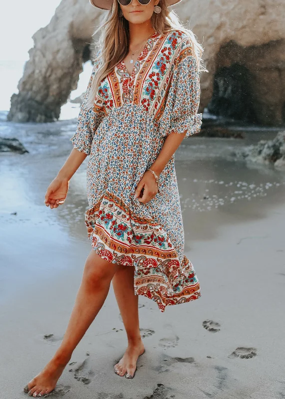 Boho Blue Print V Neck Chiffon Dress Half Sleeve FF072 Comfortable floral dresses for everyday wear