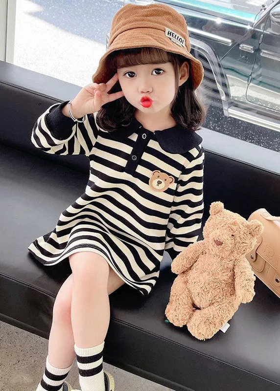 Casual Black White Striped Peter Pan Collar Print Kids Mid Dress Fall SS1051 Lace floral dresses