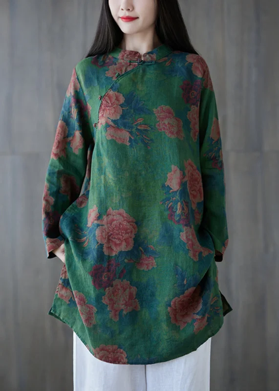 Elegant Green Button Print Linen Mid Dress Long Sleeve GG063 Discounted floral dresses