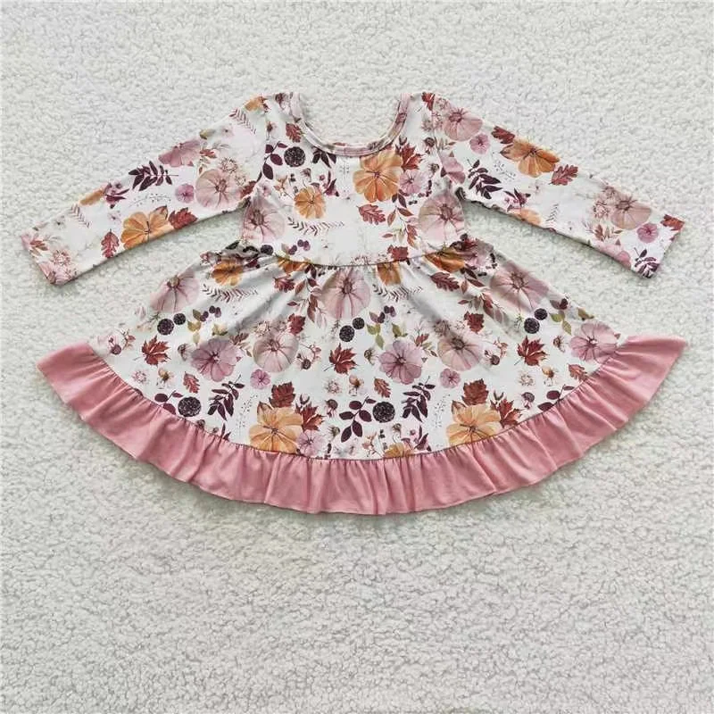 GLD0212-- long sleeve  floral girls dress Lightweight floral dresses for hot weather