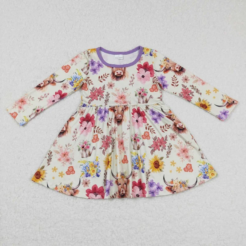 GLD0399--long sleeve highland cow and floral dress Best floral dresses for casual outings