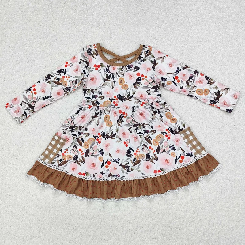 GLD0530  long sleeves floral brown dot girls dress Best floral dresses for curvy figures