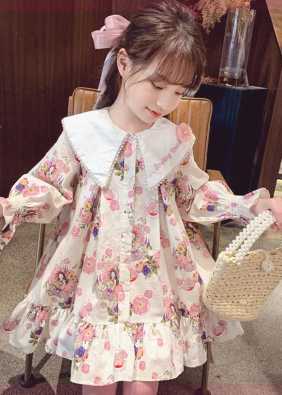 Handmade Apricot Print Nail Bead Girls Mid Dress Long Sleeve SS1044 Chiffon floral dresses