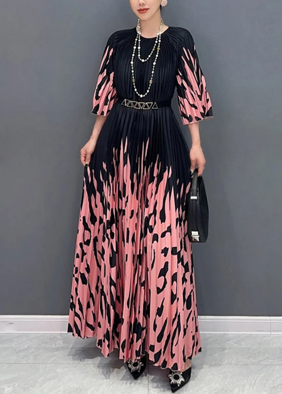 Italian Colorblock O-Neck Cinched Print Long Dresses Bracelet Sleeve UU1015 Date night floral dresses