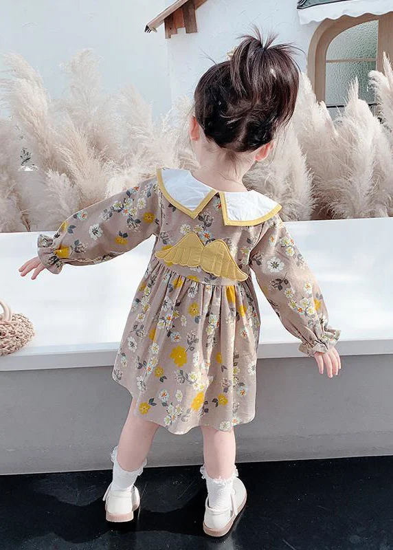 Modern Brown Embroideried Print Girls Vacation Long Dresses Long Sleeve SS1038 Maxi floral dresses