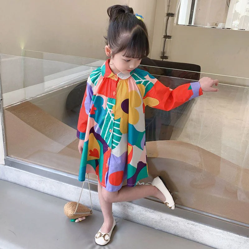 New Colorblock Print Button Girls Mid Dress Long Sleeve SS1056 Tulle floral dresses