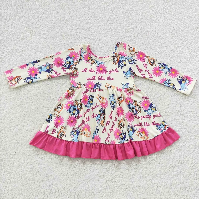 GLD0214- CARTOON blue dog floral girls dress Versatile floral dresses for all occasions