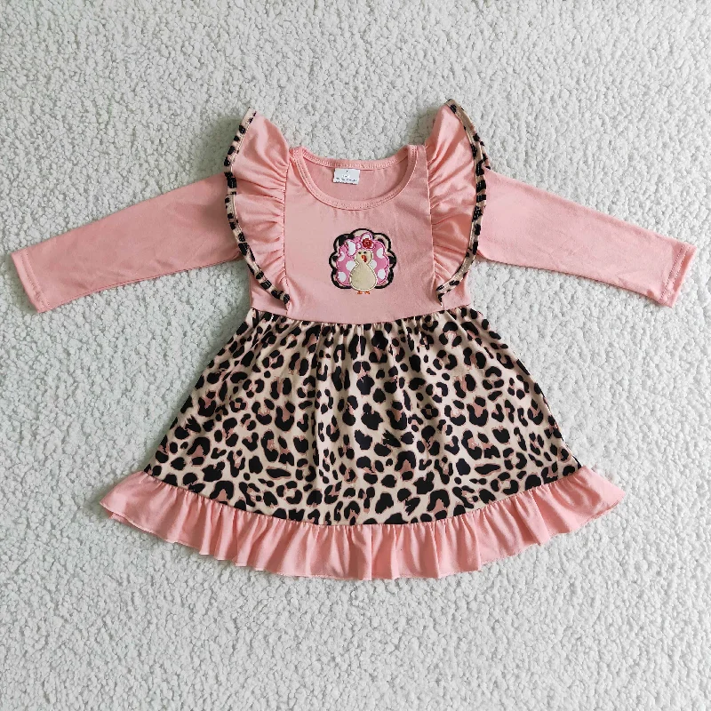 Thanksgiving pink Turkey leopard print girls dresses Long floral dresses