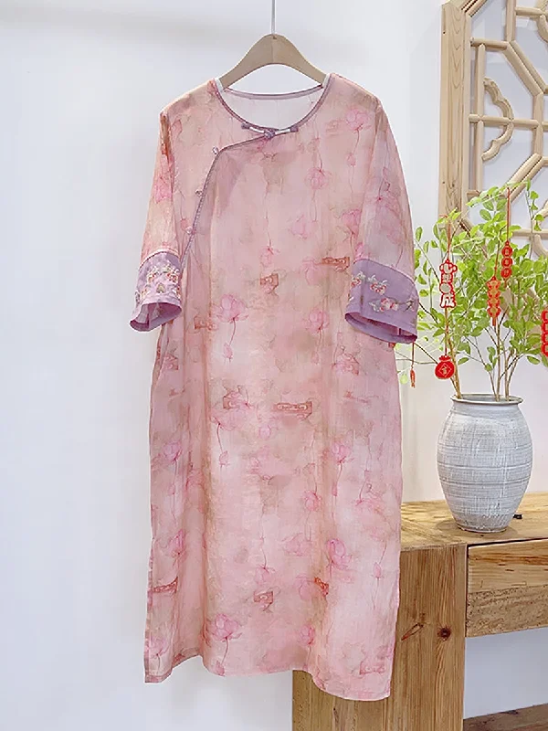 Women Summer Vintage Floral Spliced Ramie Dress II1051 A-line floral dresses