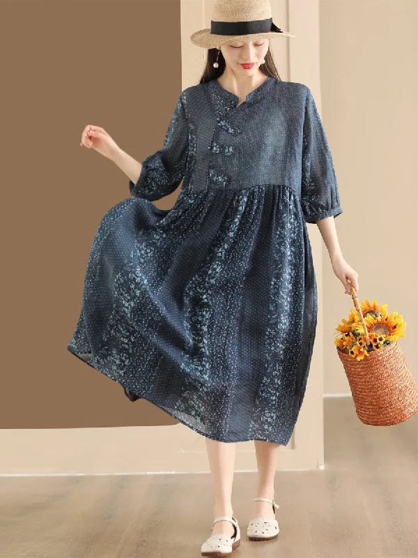 Women Summer Vintage Floral Spliced Ramie Dress PP1013 Vintage floral dresses