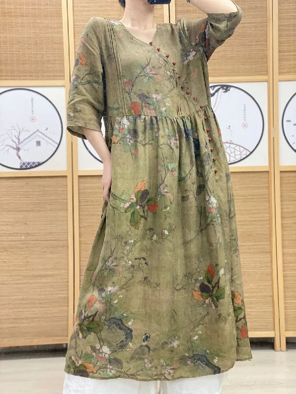 Women Summer Vintage Floral V-Neck Ramie Dress OO1039 Flowy floral dresses