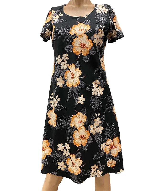 Hibiscus Garden Black A-Line Dress with Cap Sleeves Date night unclassified dresses