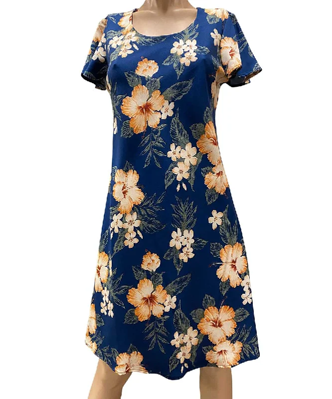 Hibiscus Garden Navy A-Line Dress with Cap Sleeves Holiday unclassified dresses