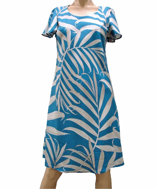 Palm Fronds Blue A-Line Dress with Cap Sleeves Lounge unclassified dresses