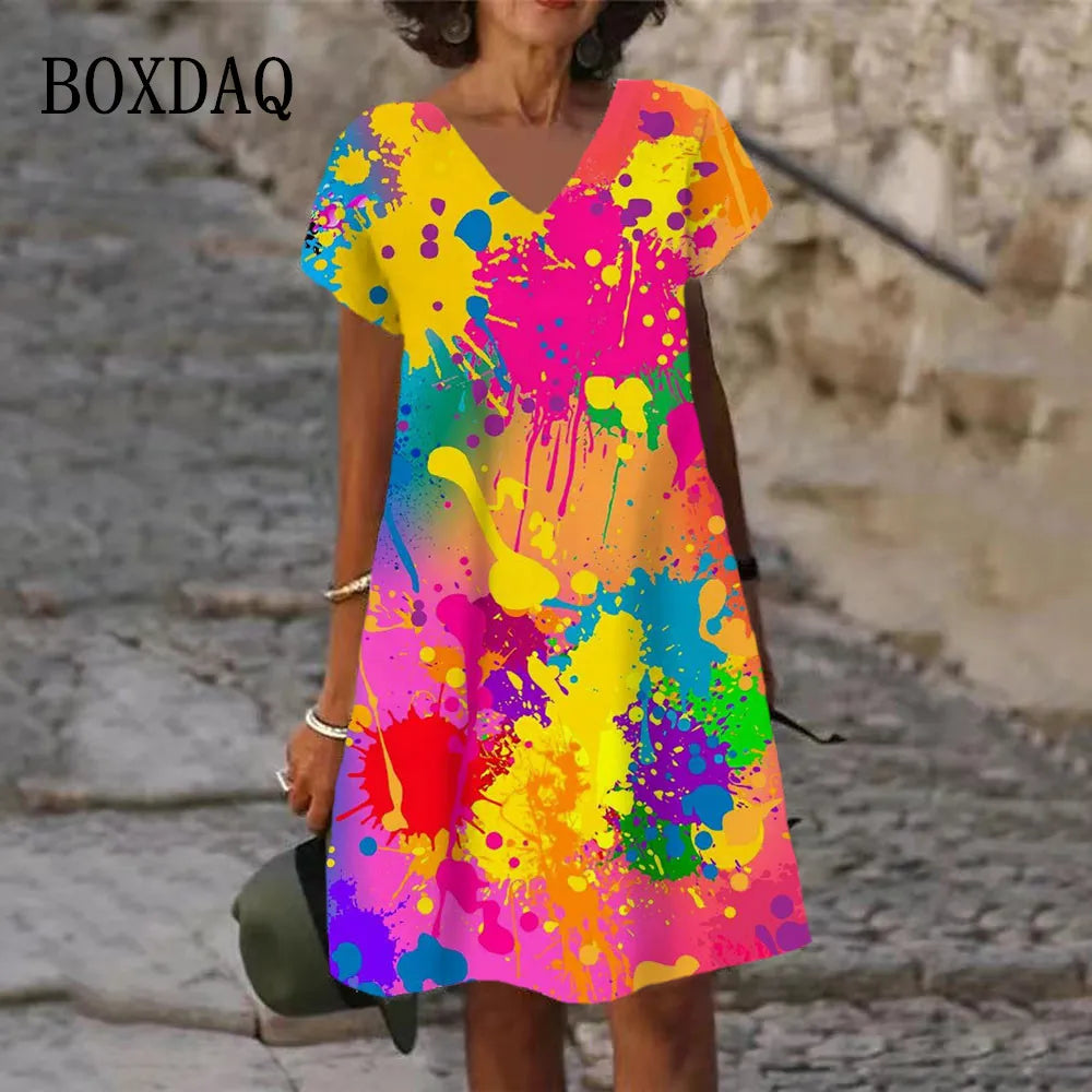 Summer Casual Women Abstract Painted Print A-Line Dress Sweet Casual Tie Dye Rainbow Splash-Ink Dress V-Neck Loose Clothing Printed unclassified dresses