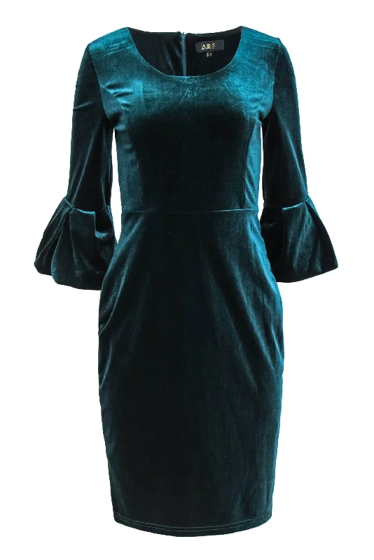 ABS Collections - Dark Teal Velvet Bell Sleeve Sheath Dress Sz 6 Printed unclassified dresses