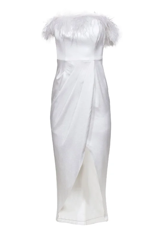 Aidan Mattox - White Strapless Pleated Waist Marabou Feather Gown Sz 0 Sleeveless unclassified dresses