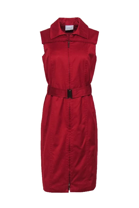 Akris Punto - Red Cotton Vest-Style Belted Zip-Up Dress Sz 8 Office unclassified dresses