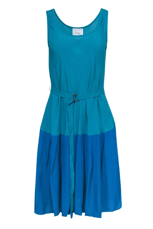 Akris Punto - Teal & Blue Colorblock Silk Blend A-Line Dress w/ Belt Sz 8 High-end unclassified dresses