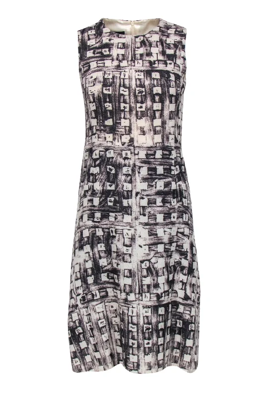 Akris - Beige & Black Abstract Print Sleeveless Wool A-Line Dress Sz 4 Formal unclassified dresses