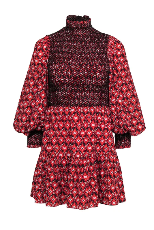 Alice & Olivia - Red Bohemian Print Mock Neck Dress Sz 0 Tiered unclassified dresses