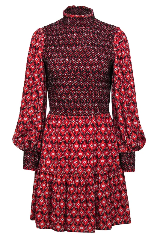 Alice & Olivia - Red Bohemian Print Mock Neck Dress Sz 12 Floral unclassified dresses