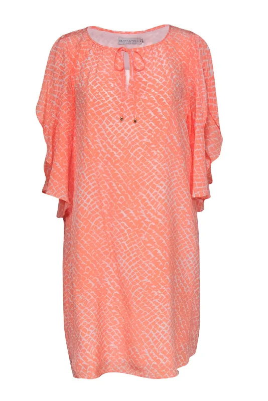 Alice & Trixie - Neon Coral Snakeskin Print Silk Dress w/ Flutter Sleeves Sz XL Fashionable unclassified dresses