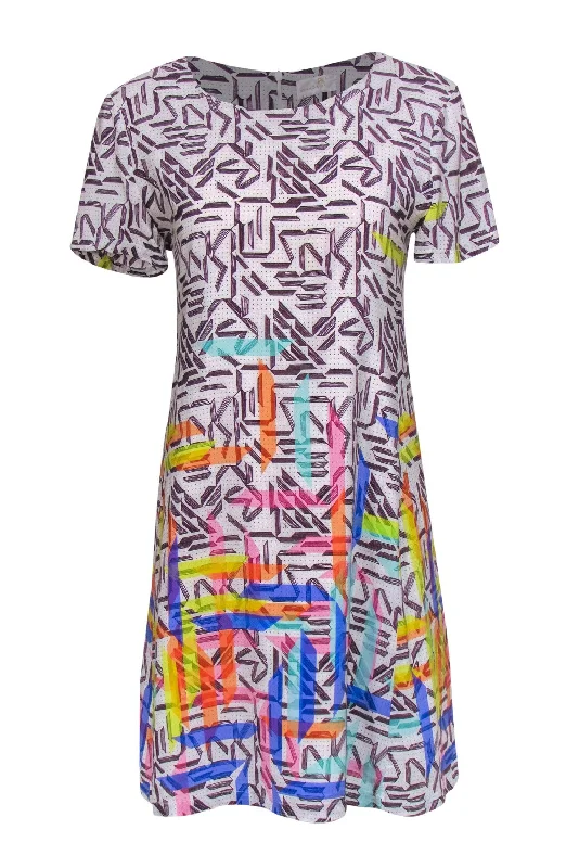 Amanda Uprichard - Cream & Multicolor Graphic Print Shift Dress Sz L Anniversary unclassified dresses